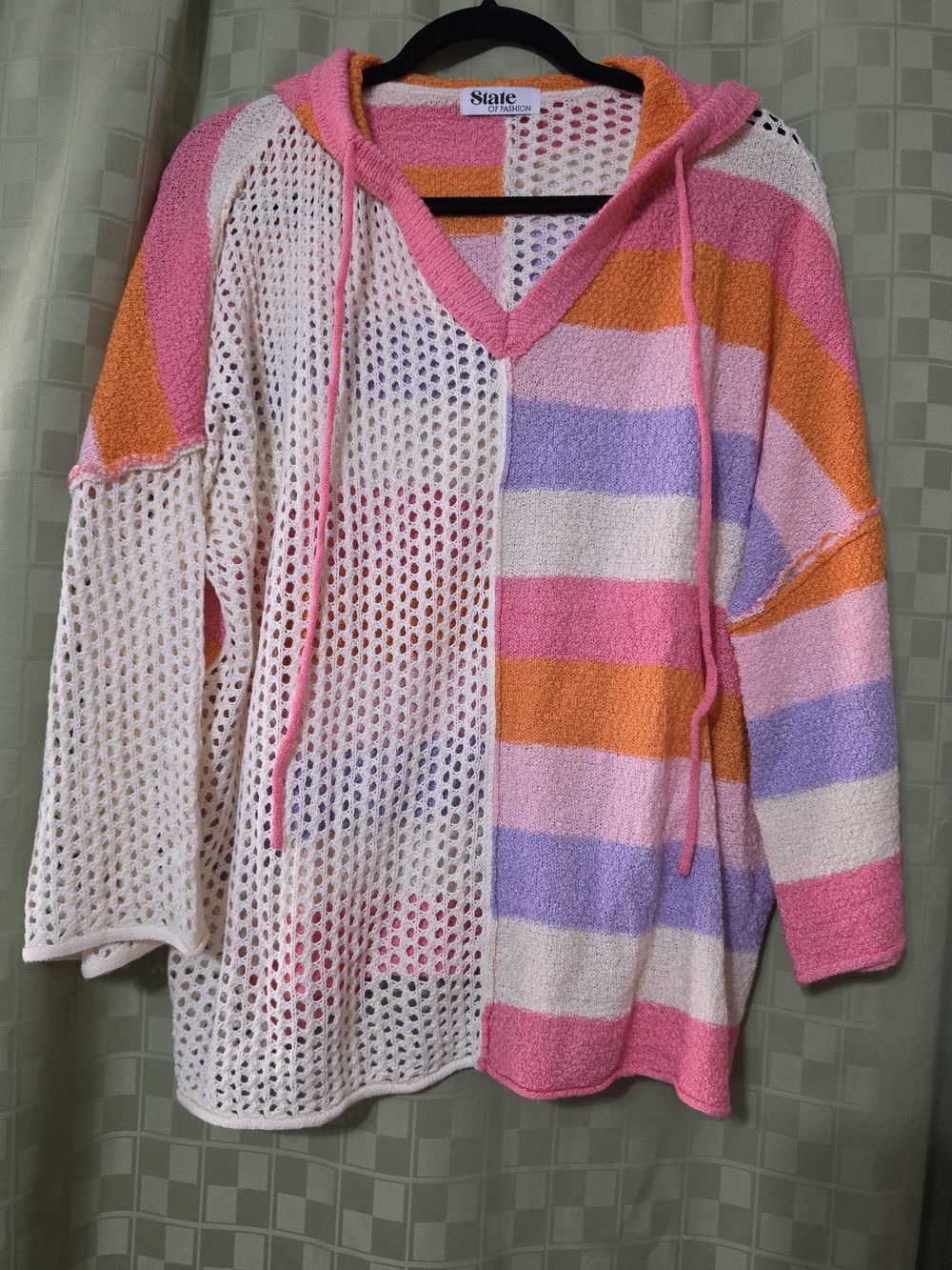 State Colorblock Open-Knit Hoodie Sweater - Pink, Orange, Lavender, Cream. NWOT
